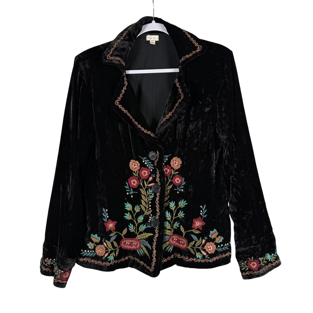 Kyla Seo Womens Medium Jacket Black Embroidered Floral Velvet Boho Whimsigoth